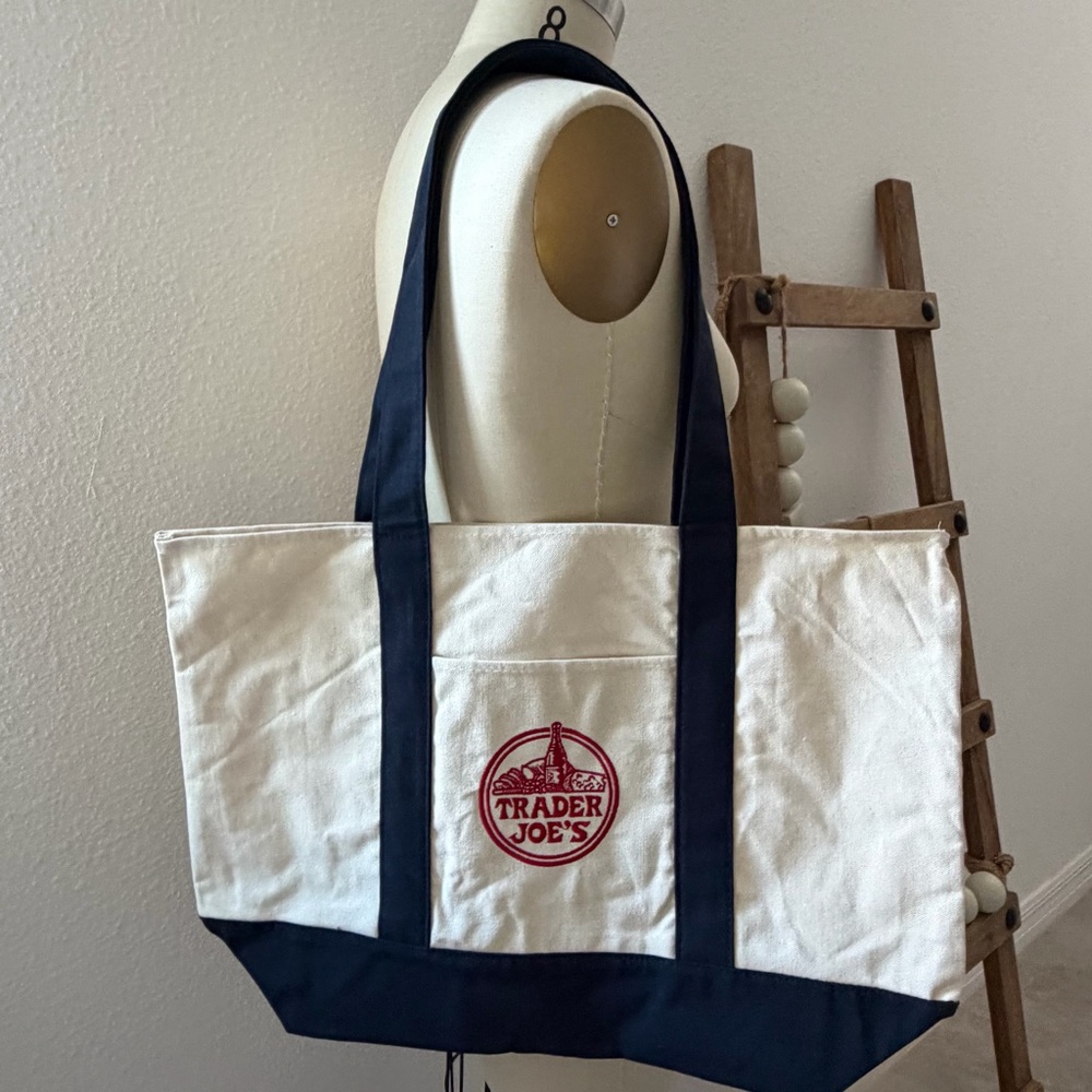 Trader Joe's Classic Large Cream and Dark Blue/Black Reusable Tote Bag